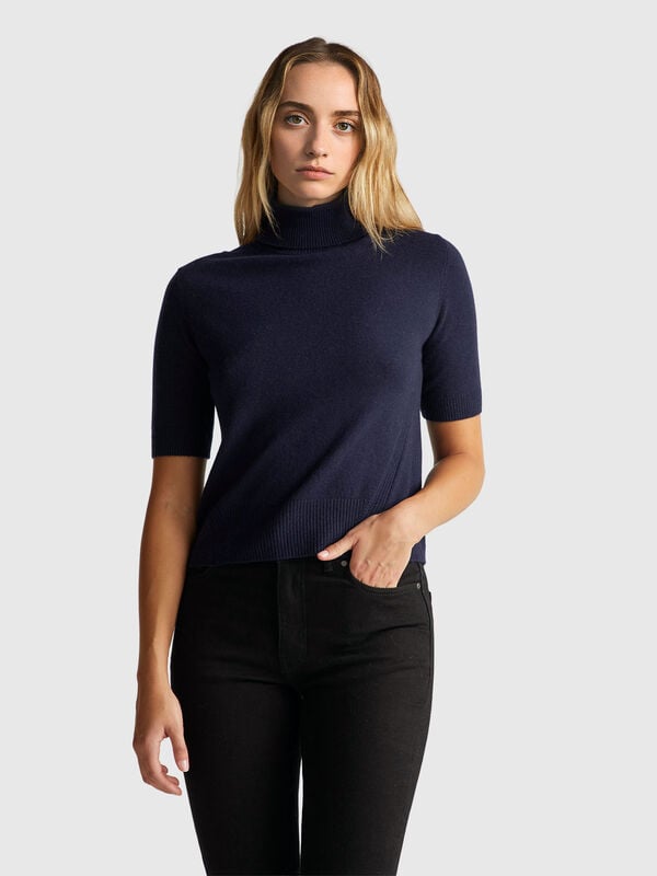 Mitternachtsblauer kurzärmeliger Rollkragenpullover aus Kaschmirmischung Mitternachtsblauer kurzärmeliger Rollkragenpullover aus Kaschmirmischung Damen