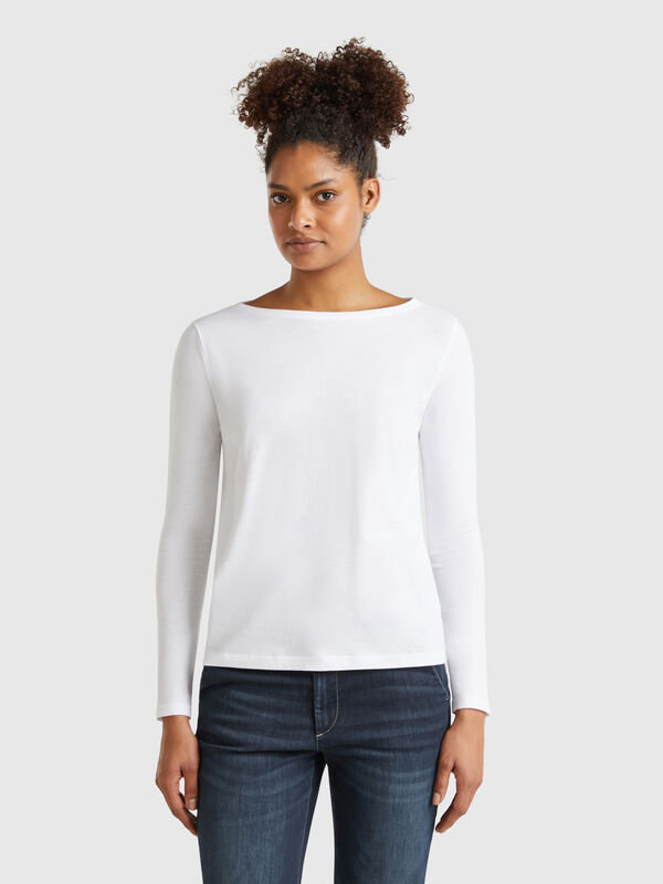 T-Shirt mit U-Boot-Ausschnitt aus 100 % Baumwolle Damen