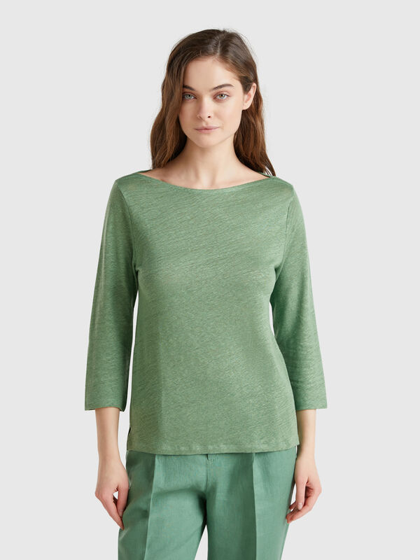 T-Shirt mit 3/4-Ärmeln aus reinem Leinen Damen