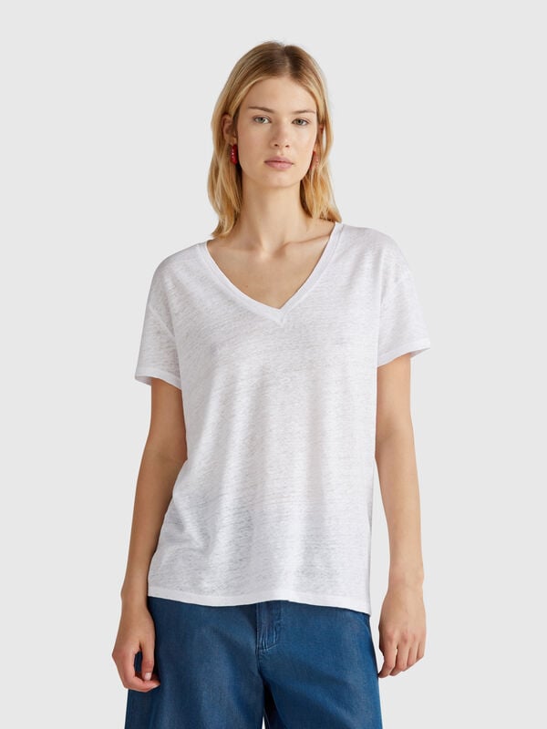 T-Shirt mit V-Ausschnitt aus reinem Leinen Damen
