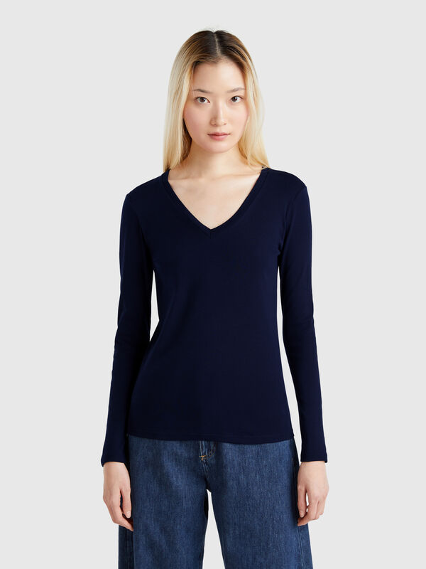 Langärmliges T-Shirt mit V-Ausschnitt Damen