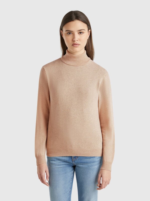 Rollkragenpullover in Beige aus reiner Merinowolle Damen