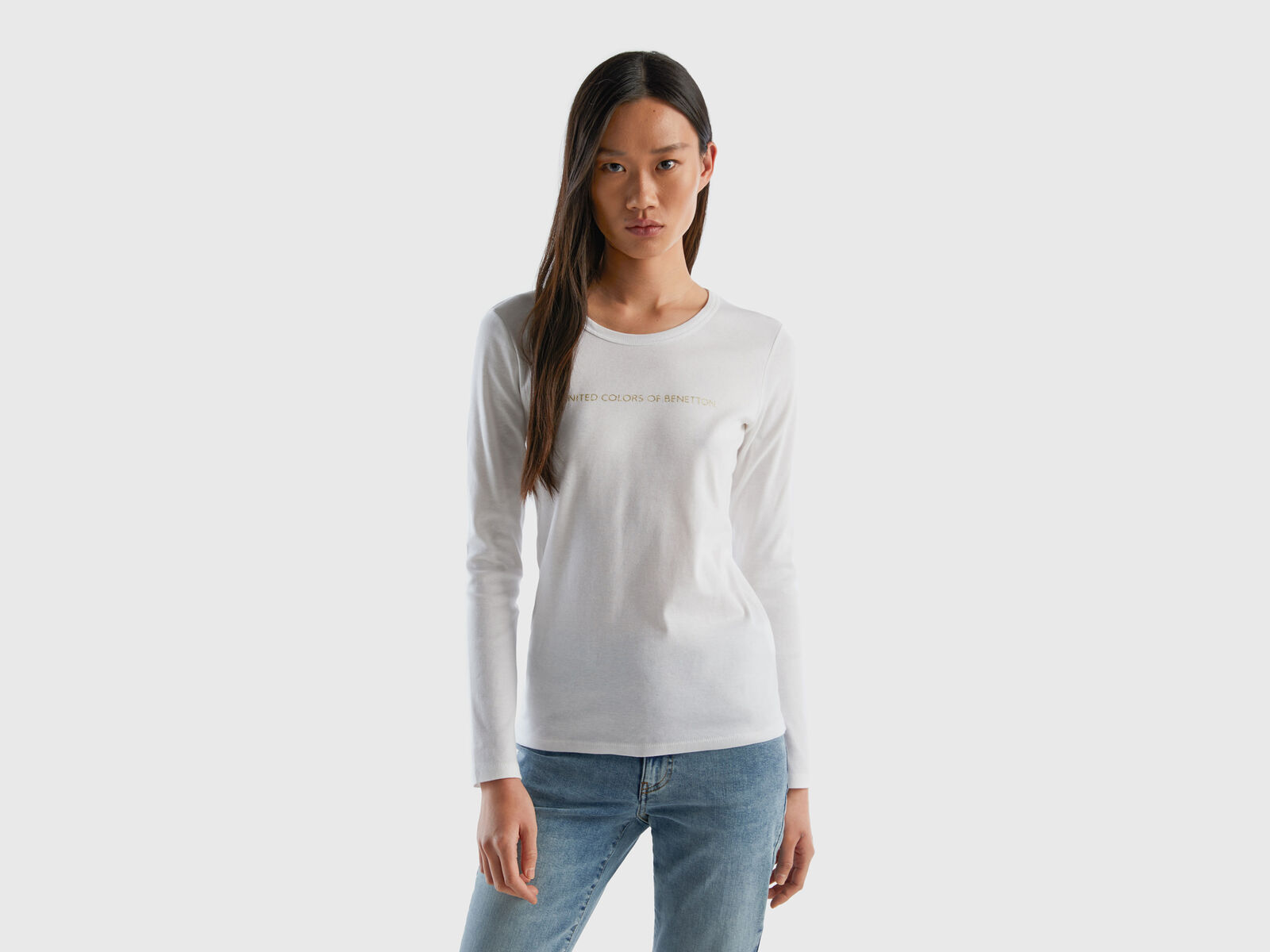aus 100% - T-Shirt Baumwolle weißes | Langärmeliges Weiss Benetton