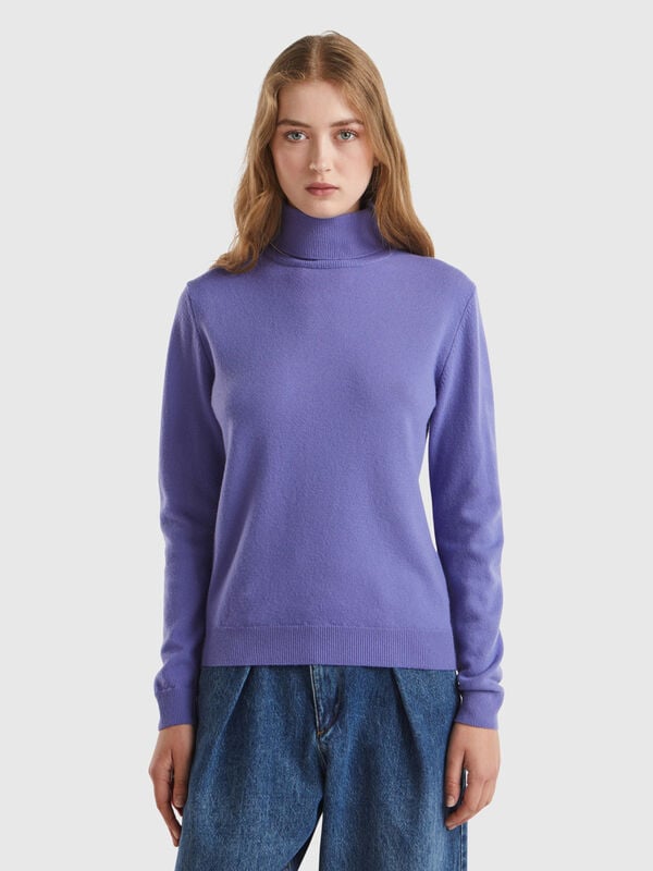 Rollkragenpullover in Viola aus reiner Merinowolle Damen