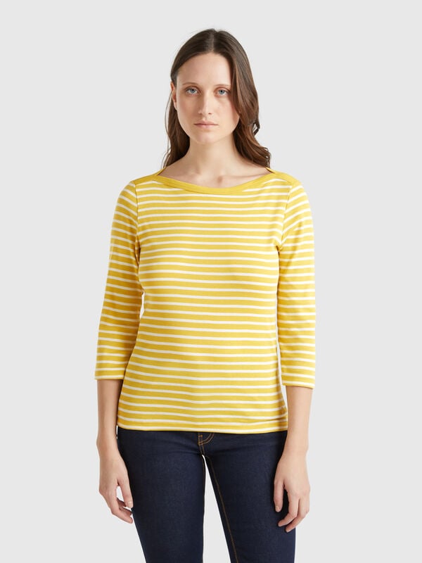 Gestreiftes T-Shirt mit 3/4-Ärmeln aus reiner Baumwolle Damen