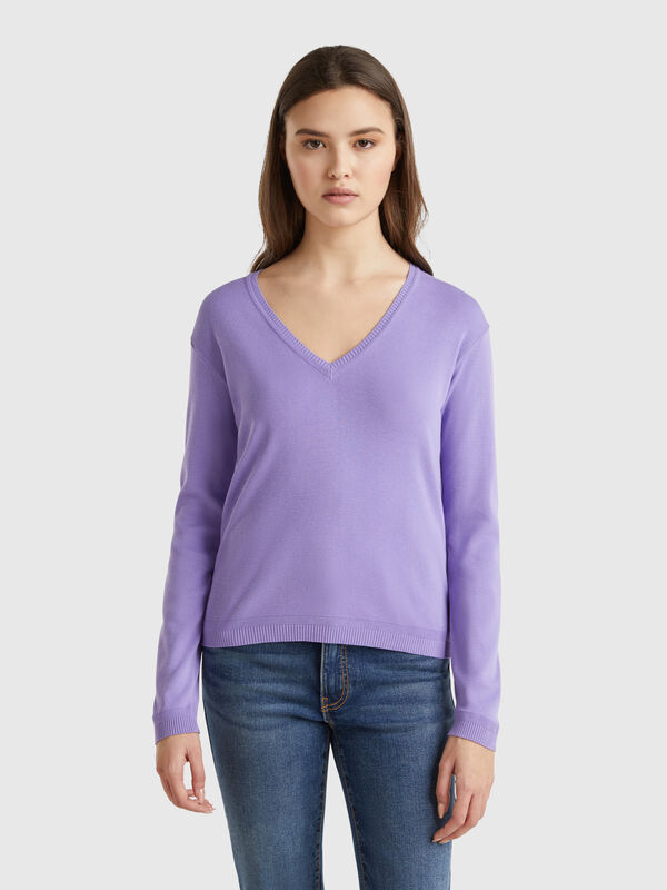 Pulli aus reiner Baumwolle mit V-Ausschnitt Damen