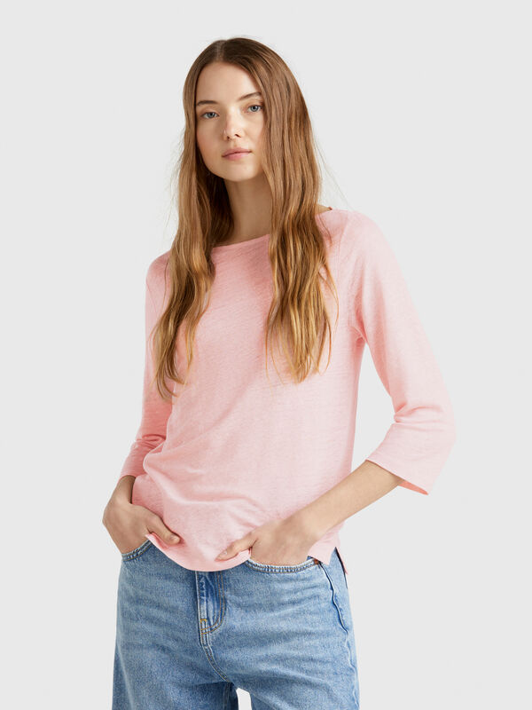 T-Shirt mit 3/4-Ärmeln aus reinem Leinen Damen