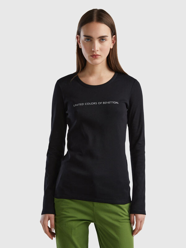 Langärmeliges schwarzes T-Shirt aus 100% Baumwolle Damen