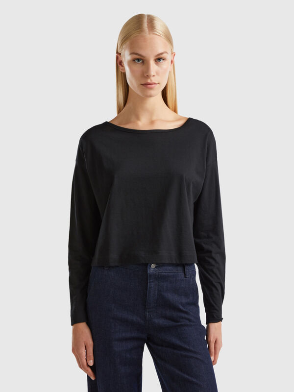 T-Shirt aus langfaseriger Baumwolle in Schwarz Damen