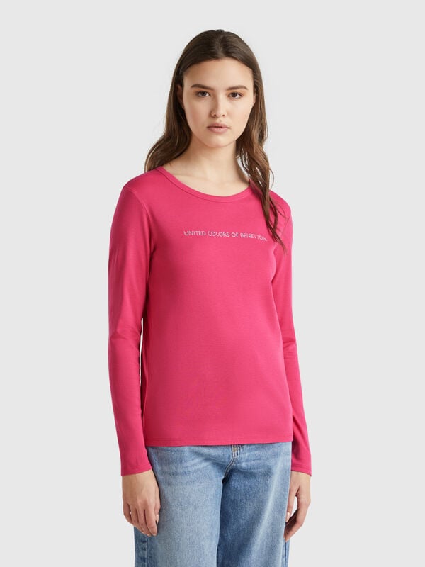 Langärmeliges T-Shirt in Magenta aus 100% Baumwolle Damen