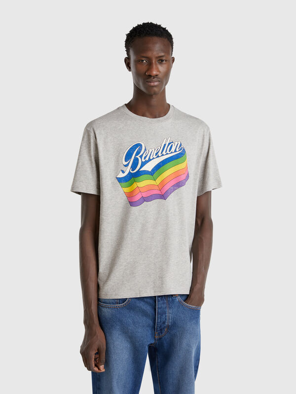 Graue Baumwoll-T-Shirt mit mehrfarbigem Logo Herren
