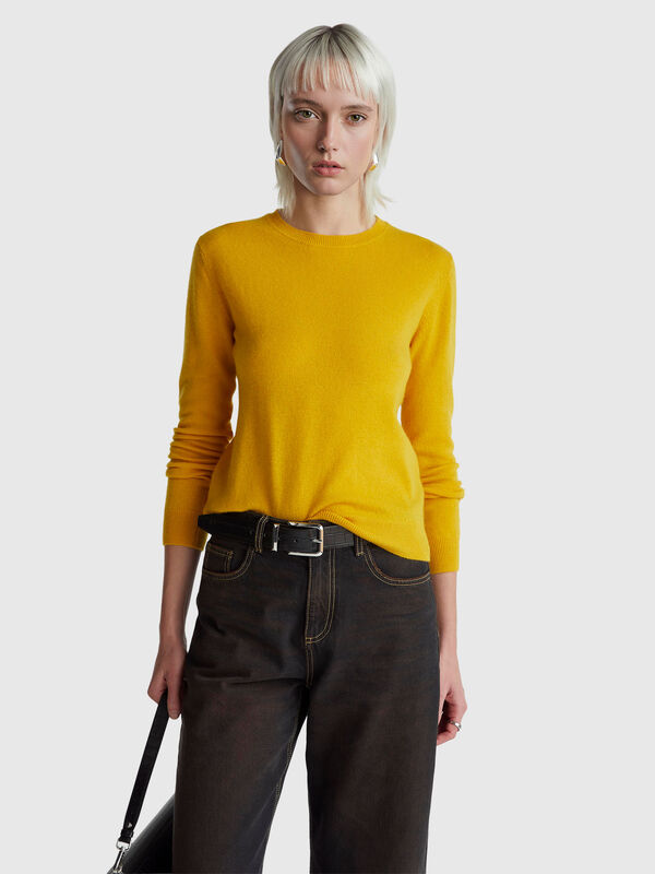 Ockergelber Rundhalspullover aus Merinowolle Damen