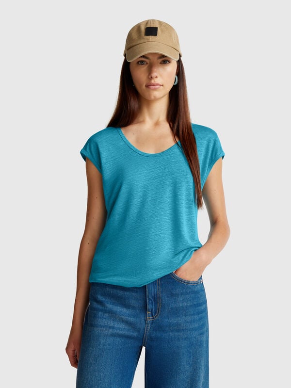 T-Shirt mit weitem Halsausschnitt aus reinem Leinen Damen