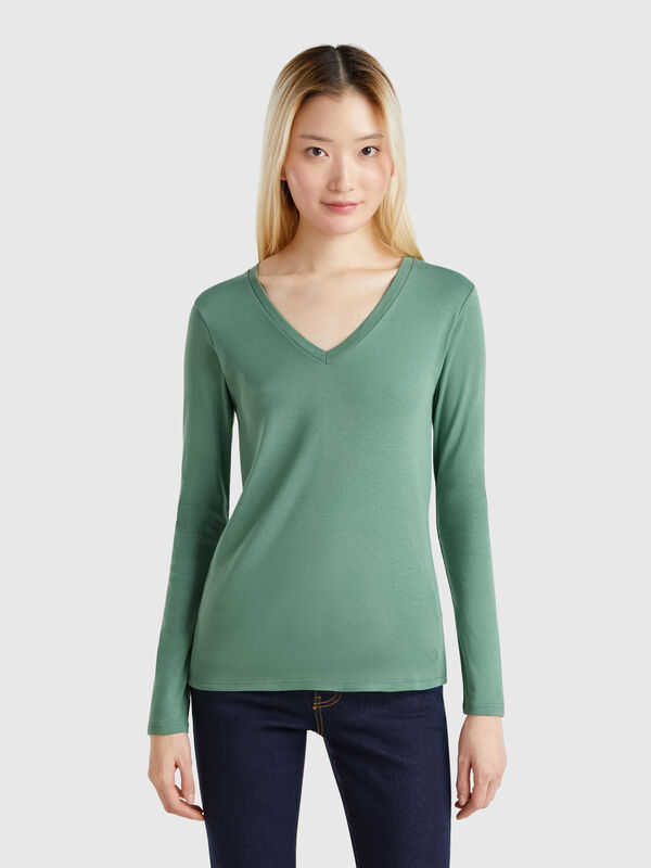Langärmliges T-Shirt mit V-Ausschnitt Damen