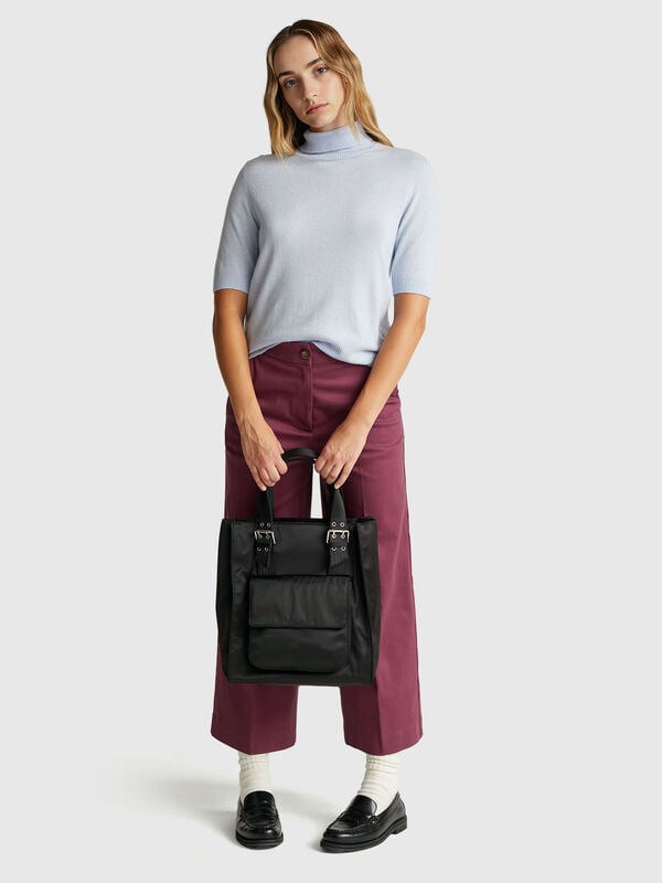 Hellblauer kurzärmeliger Rollkragenpullover aus Kaschmirmischung Damen